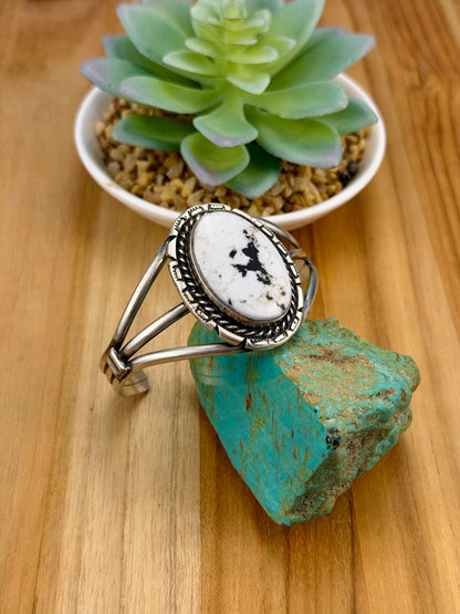 White Buffalo Oval Sterling Silver Cuff