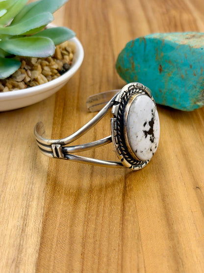 White Buffalo Oval Sterling Silver Cuff