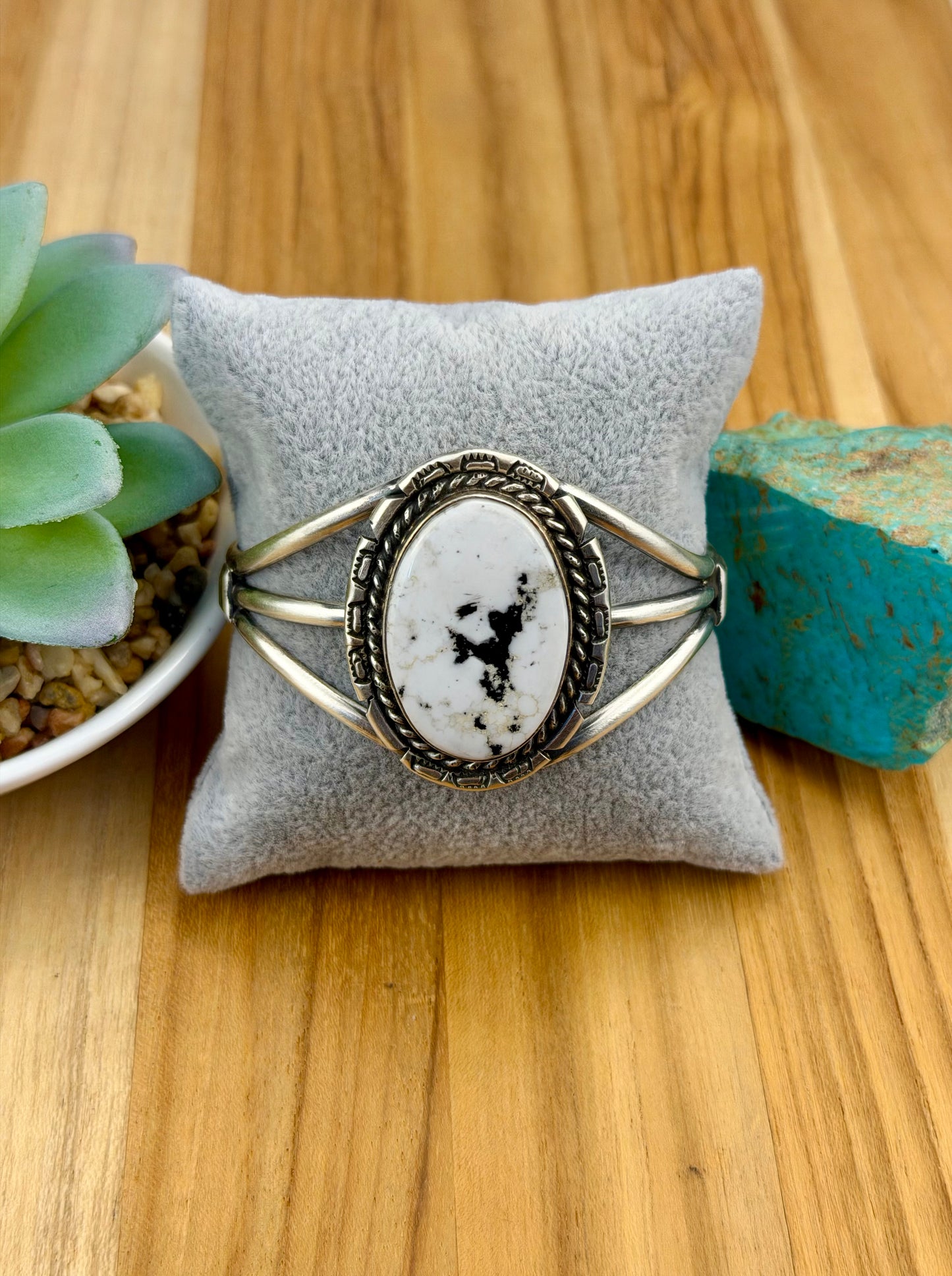 White Buffalo Oval Sterling Silver Cuff