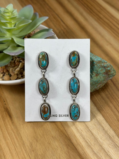 Kingman Turquoise 3 Stone Dangle Earrings