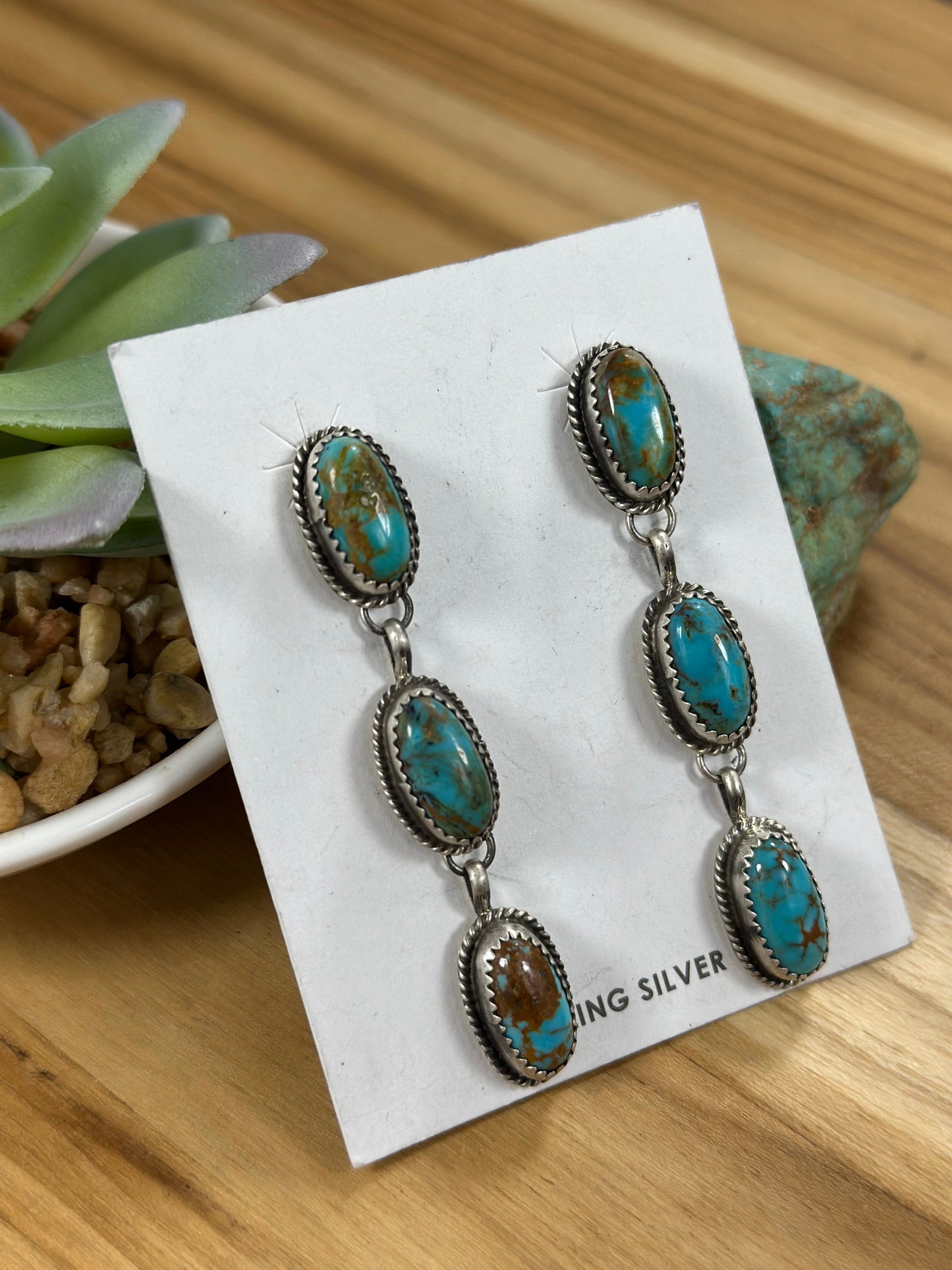 Kingman Turquoise 3 Stone Dangle Earrings