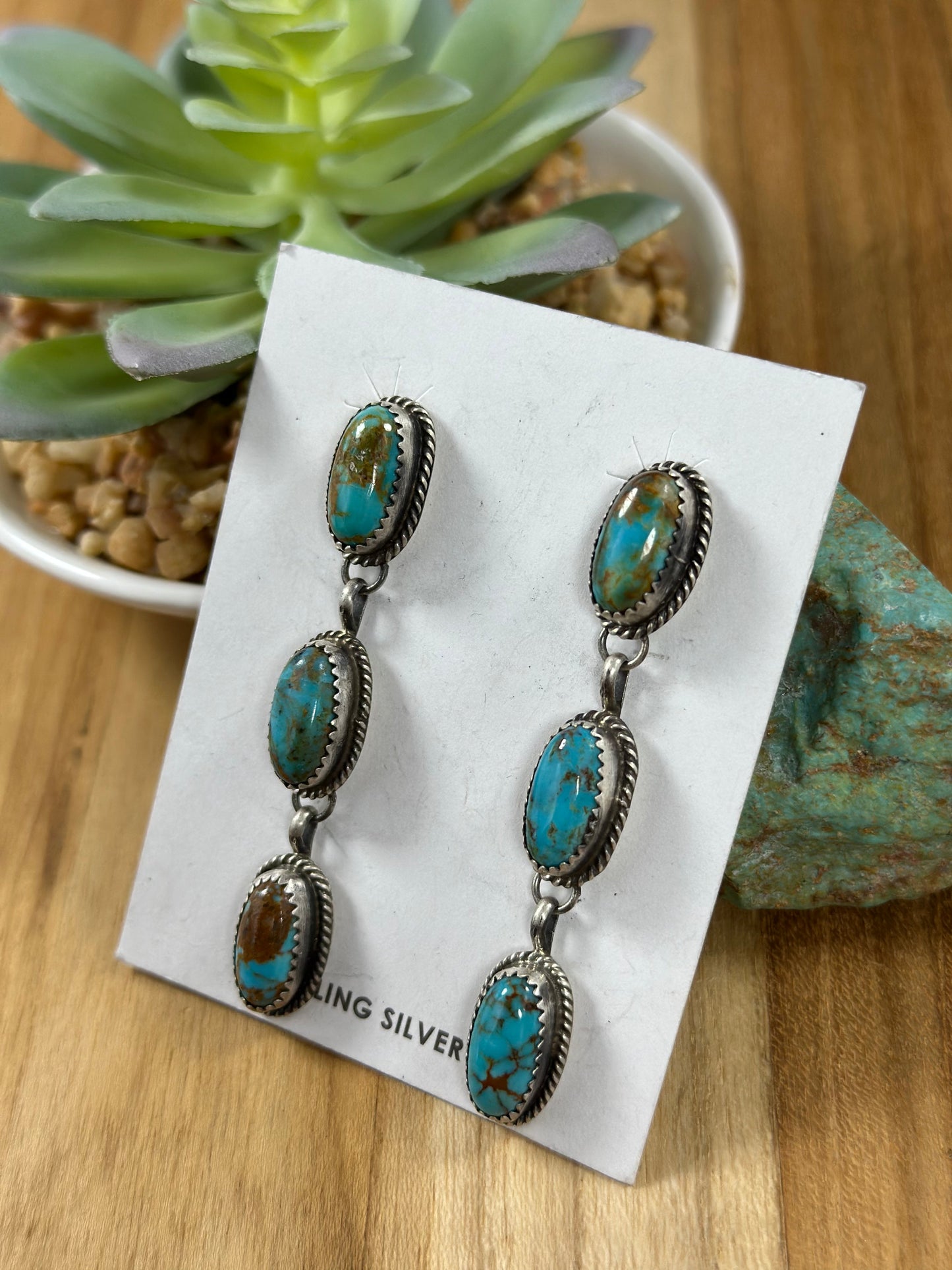 Kingman Turquoise 3 Stone Dangle Earrings