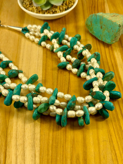 Kingman Turquoise & Freshwater Pearl Bead Necklace