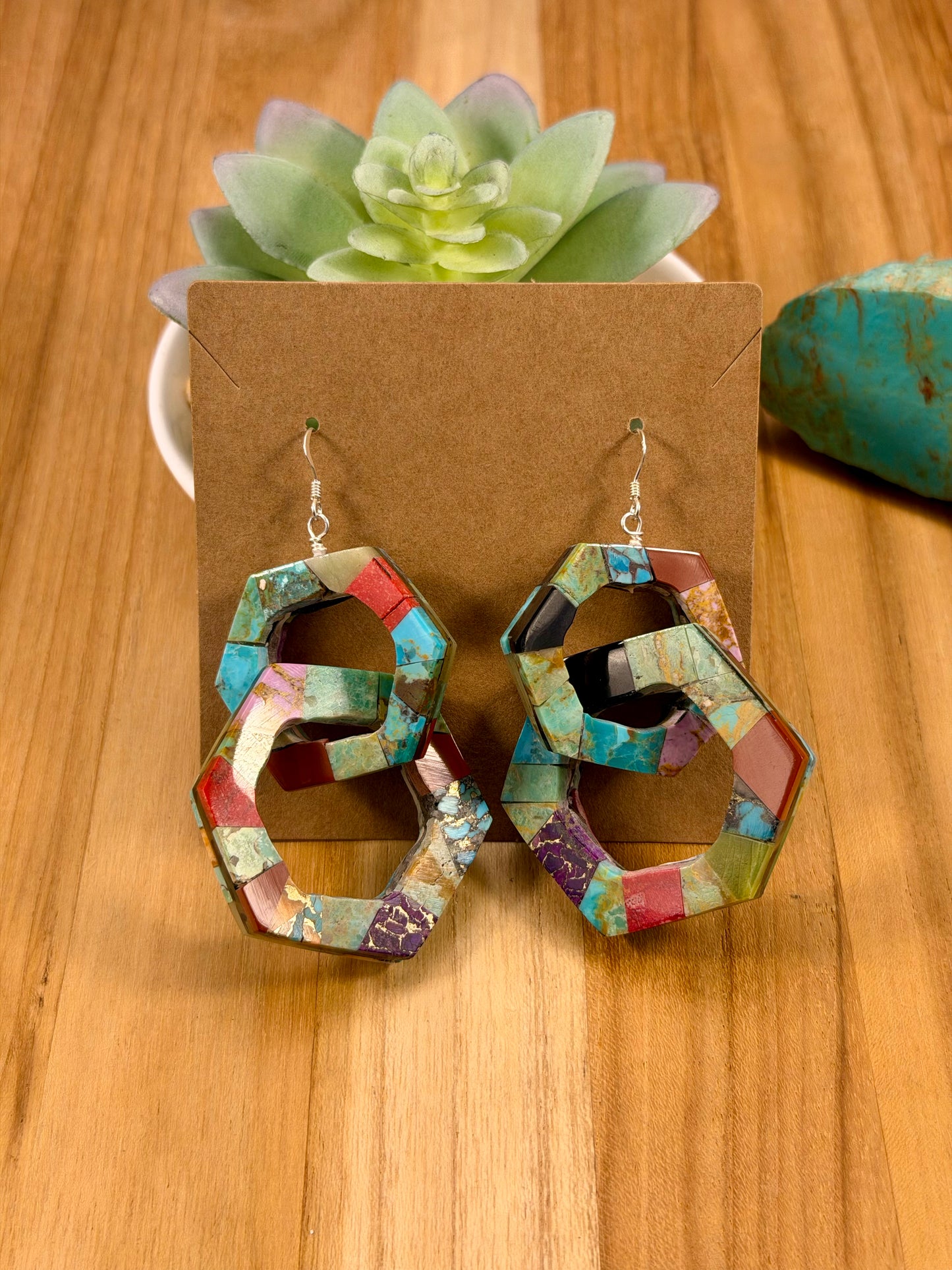 Multi Stone Inlay Hexagon Dangle Earrings