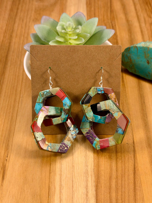 Multi Stone Inlay Hexagon Dangle Earrings