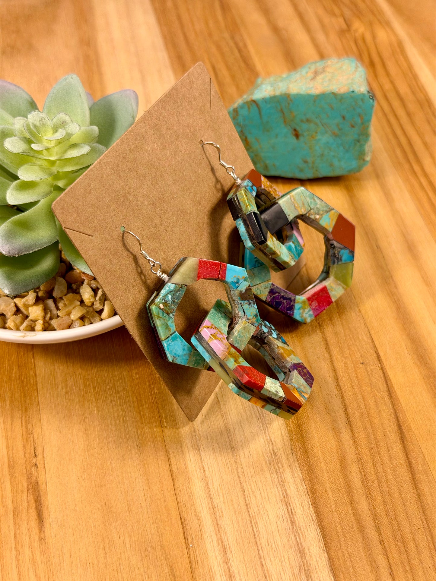 Multi Stone Inlay Hexagon Dangle Earrings