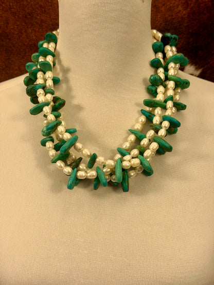 Kingman Turquoise & Freshwater Pearl Bead Necklace