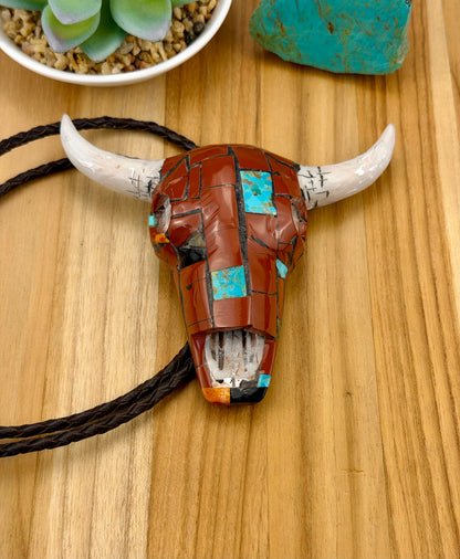 Multi Stone Inlay Skull Bolo