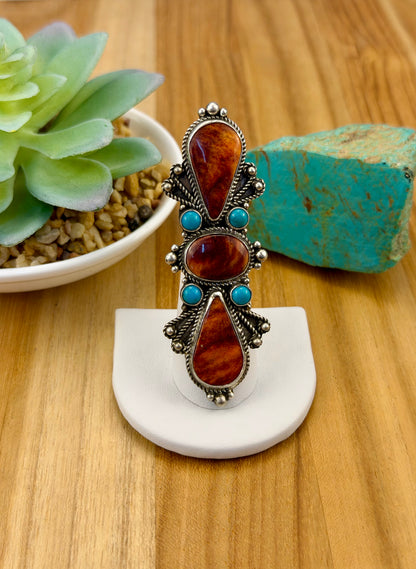 Orange Spiny & Kingman Cluster Sterling Ring