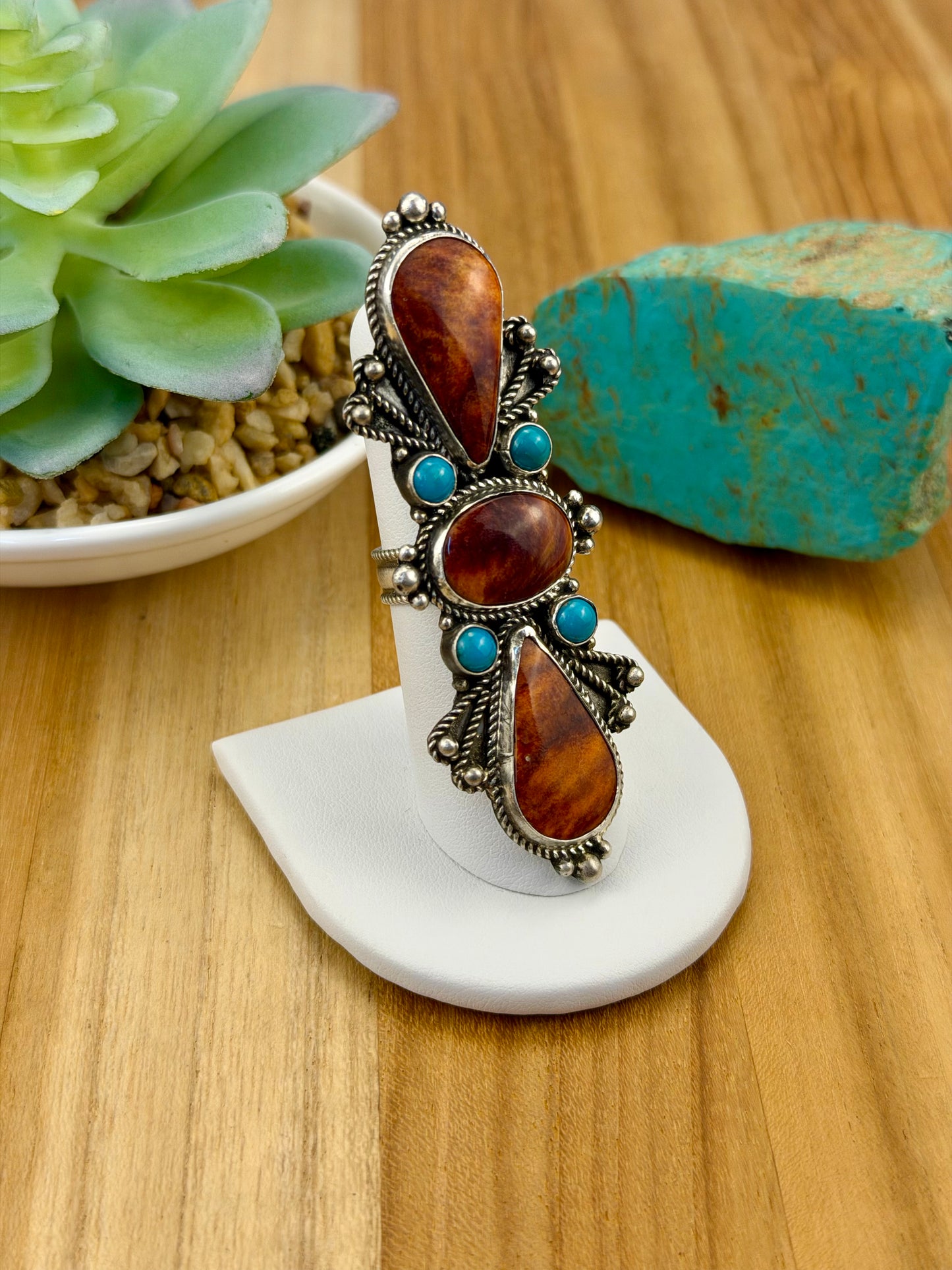 Orange Spiny & Kingman Cluster Sterling Ring