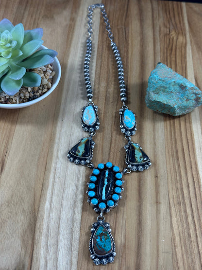 Black Jack And Kingman Turquoise Cluster Lariat Necklace