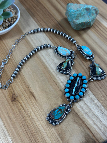 Black Jack And Kingman Turquoise Cluster Lariat Necklace