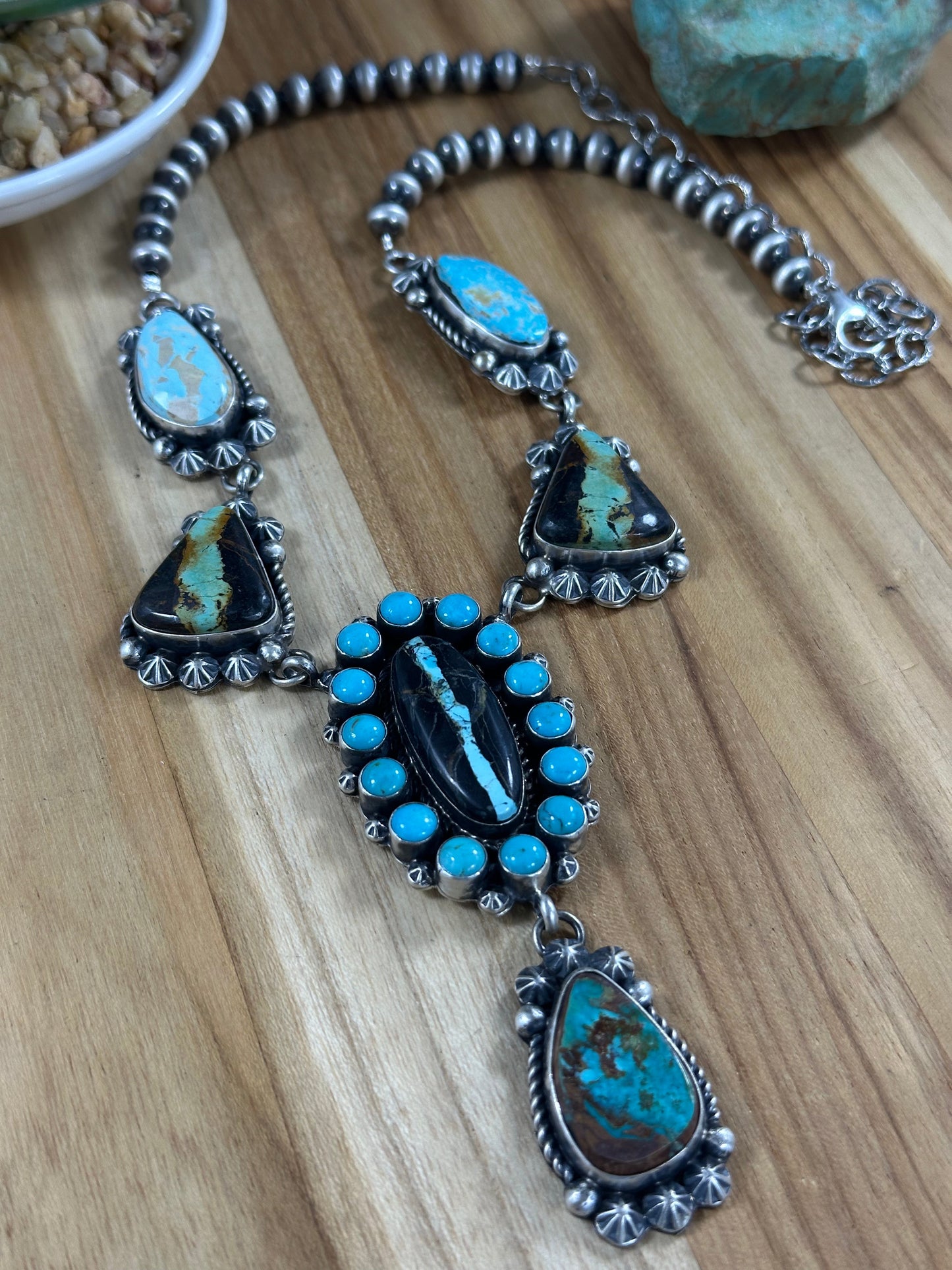 Black Jack And Kingman Turquoise Cluster Lariat Necklace