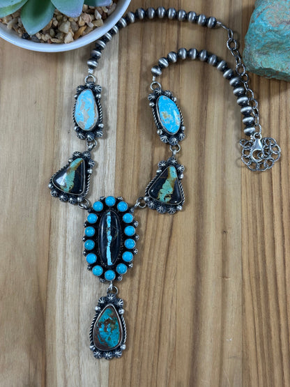 Black Jack And Kingman Turquoise Cluster Lariat Necklace
