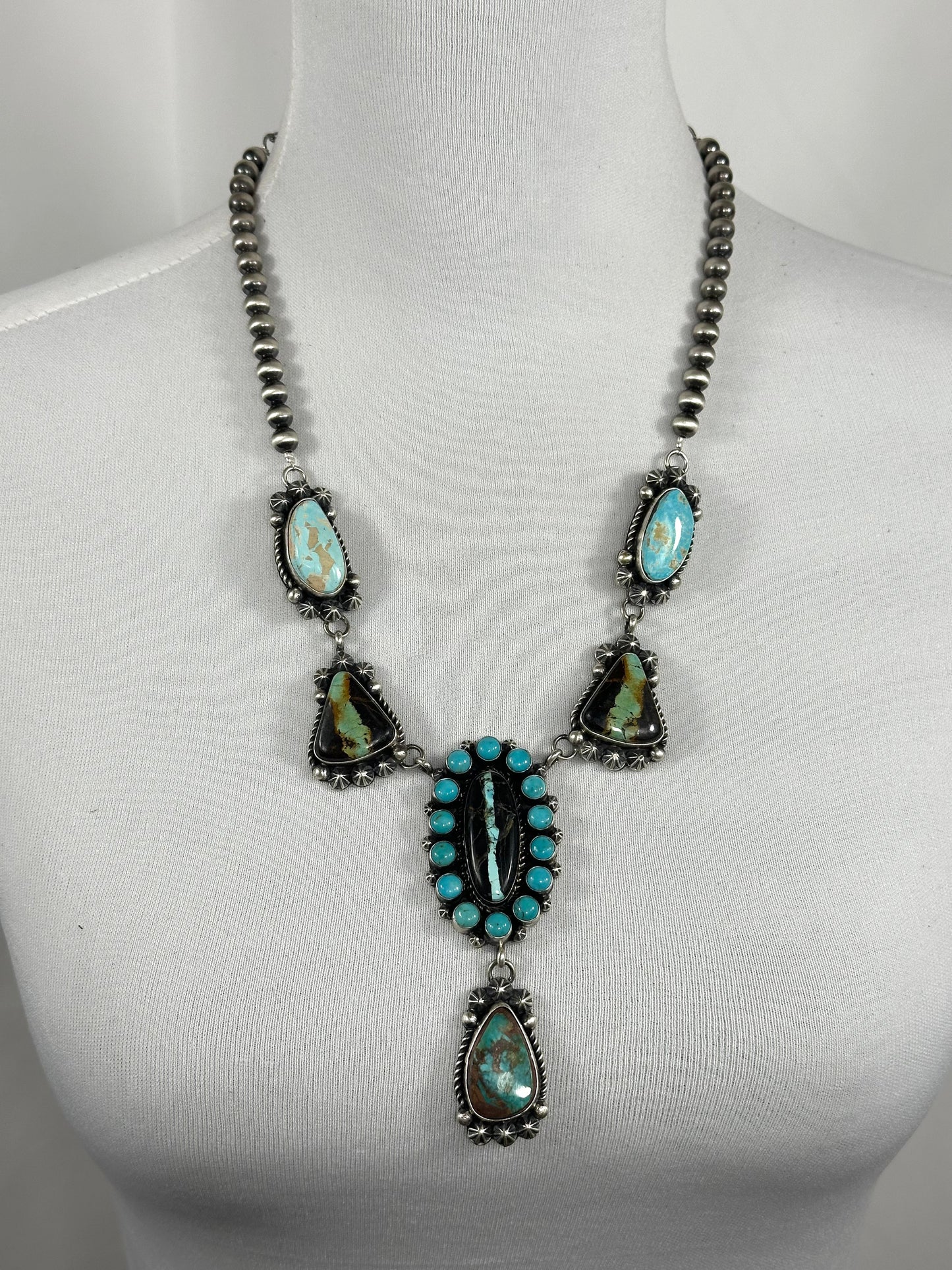 Black Jack And Kingman Turquoise Cluster Lariat Necklace