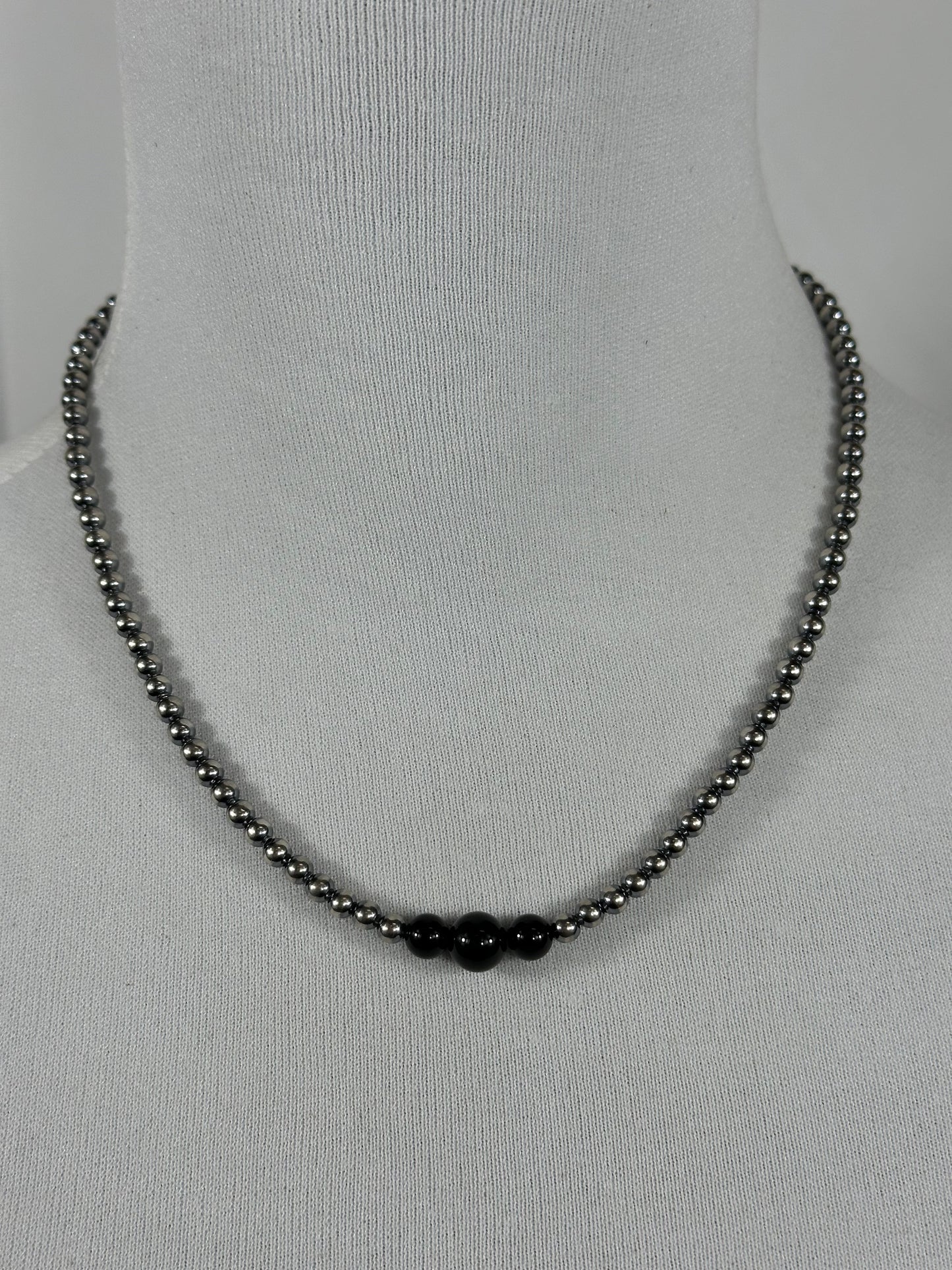 4-6-8mm Sterling Silver and Black Onyx Necklace
