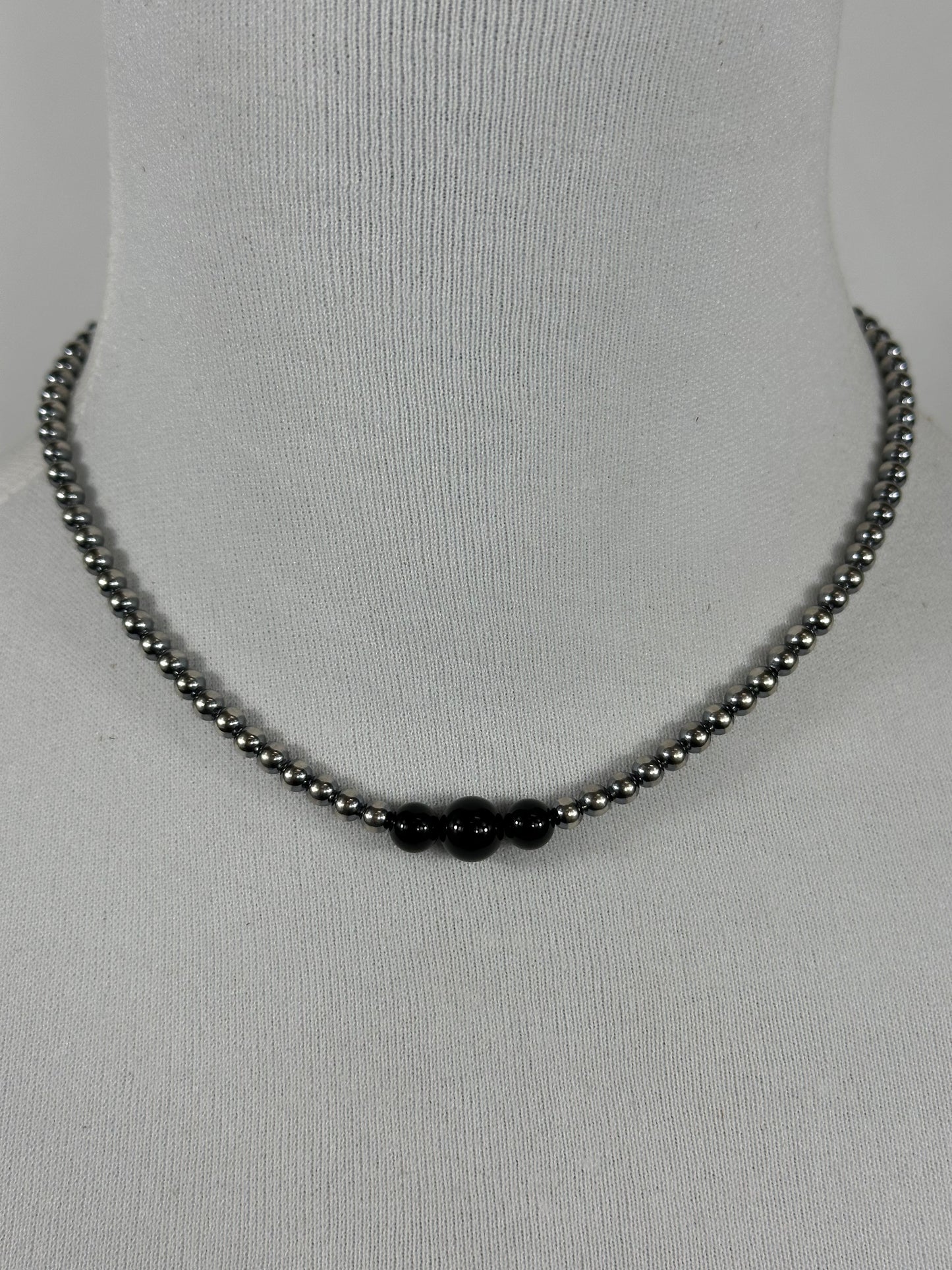 4-6-8mm Sterling Silver and Black Onyx Necklace