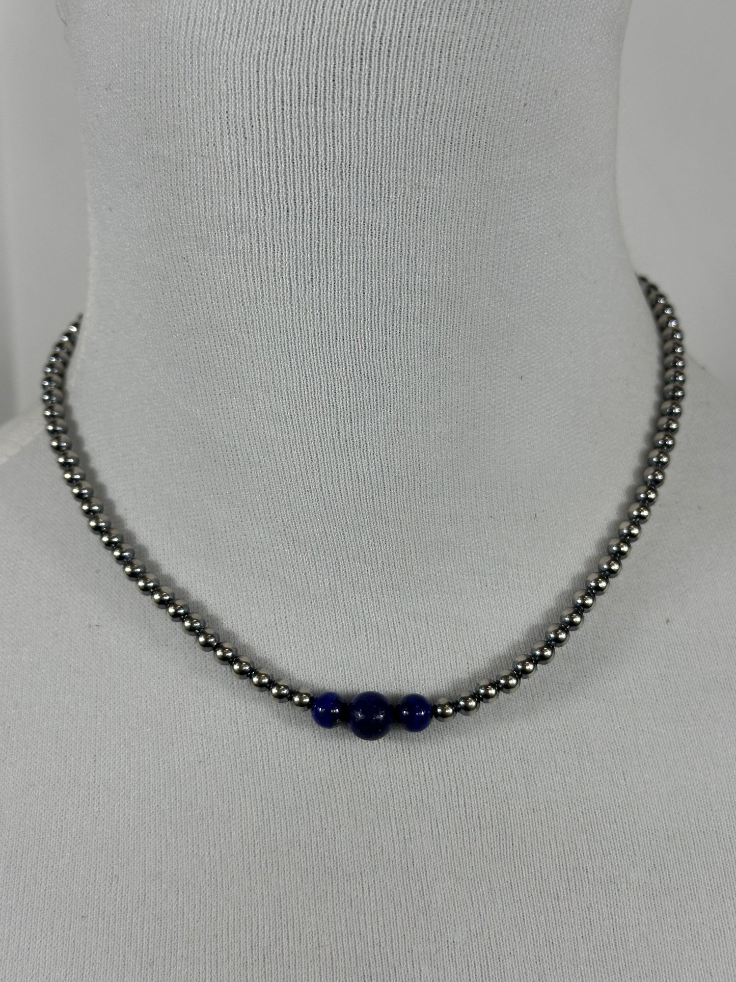 4-6-8mm Sterling Silver and Lapis Necklace