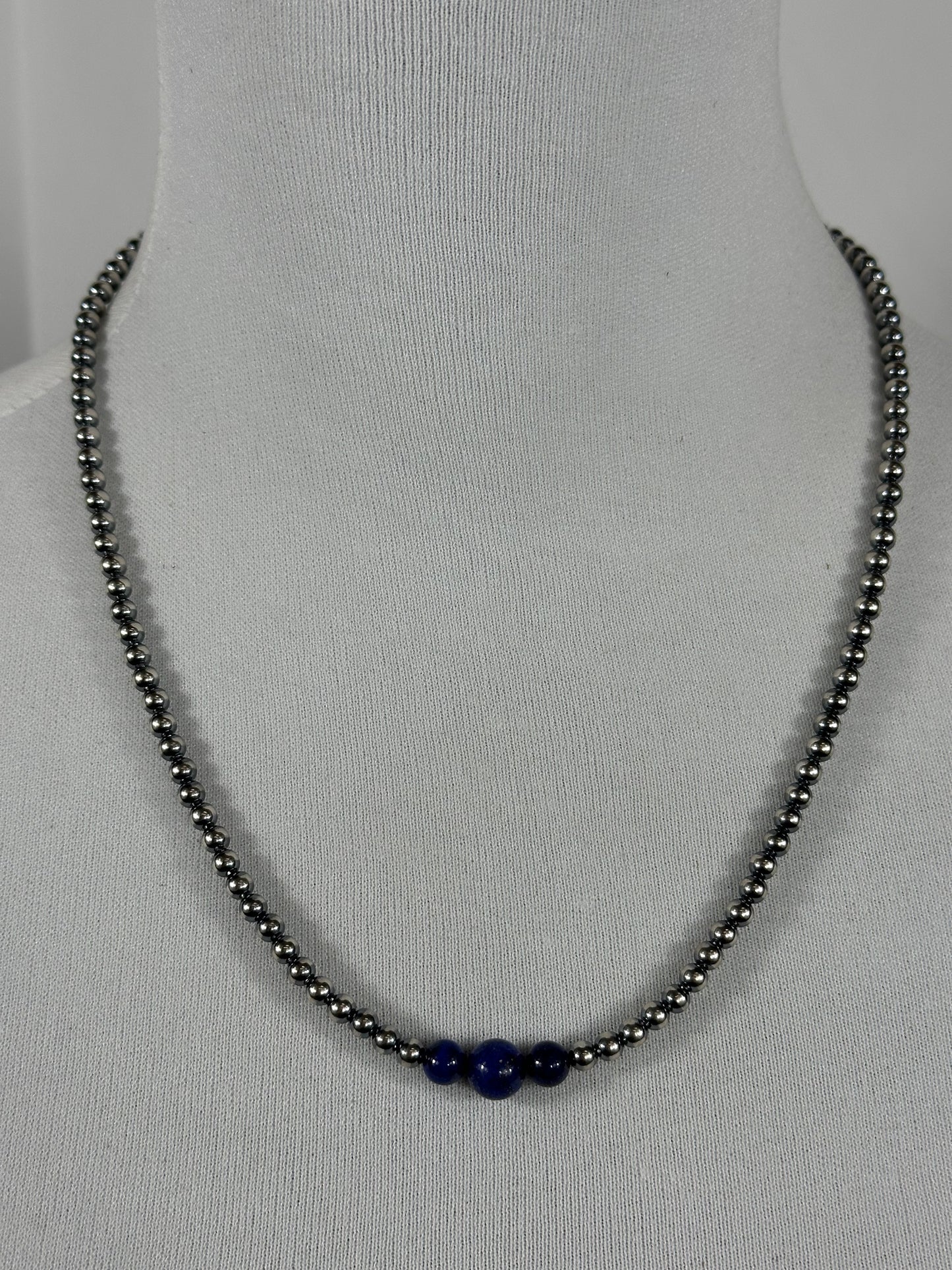4-6-8mm Sterling Silver and Lapis Necklace
