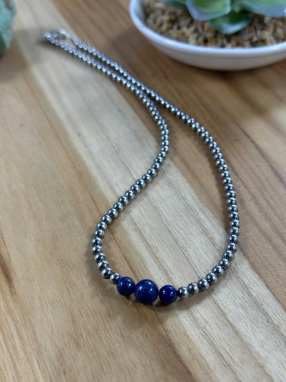 4-6-8mm Sterling Silver and Lapis Necklace