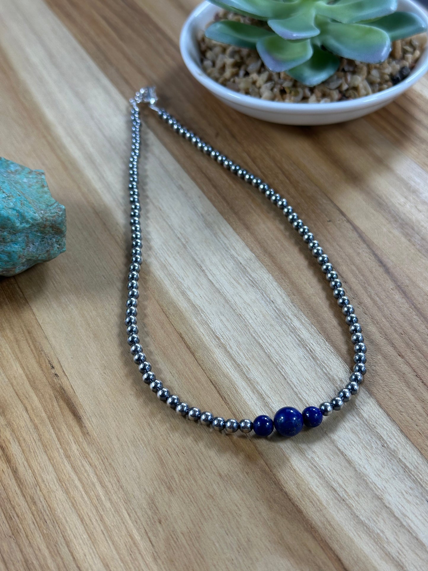 4-6-8mm Sterling Silver and Lapis Necklace