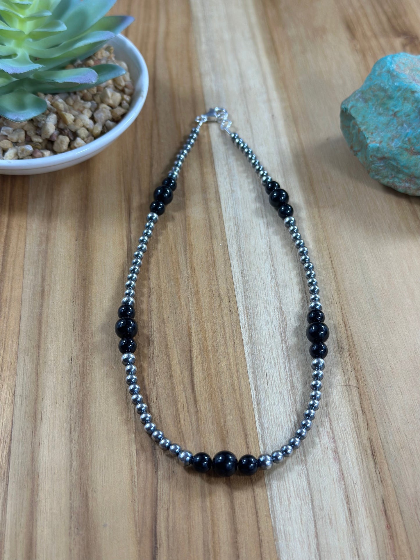4-8mm Sterling Silver and Black Onyx Necklace