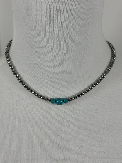 4-6-8mm Sterling Silver and Kingman Turquoise Necklace