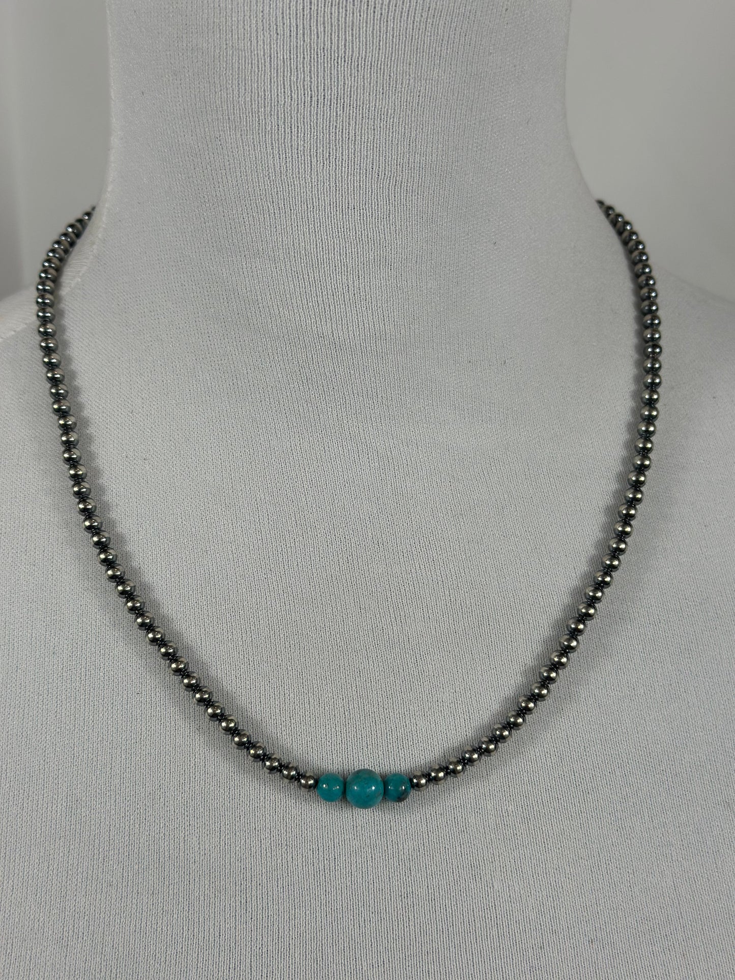 4-6-8mm Sterling Silver and Kingman Turquoise Necklace