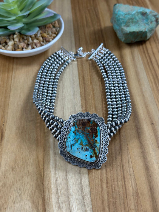 Single Stone 5 Strand Kingman Turquoise And Navajo Pearls Choker