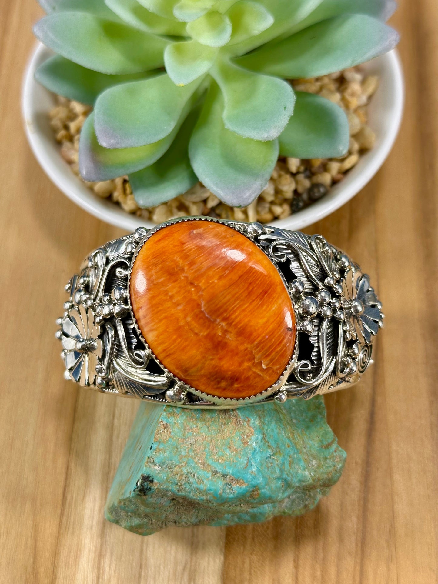 Orange Spiny Oval Sterling Cuff