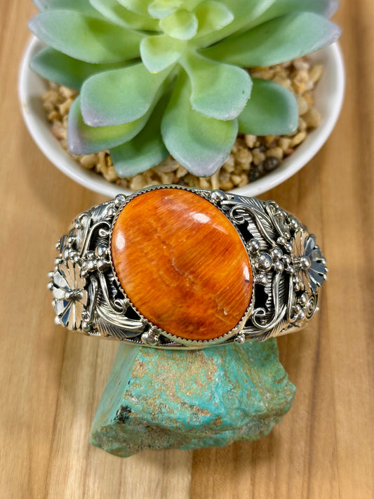 Orange Spiny Oval Sterling Cuff