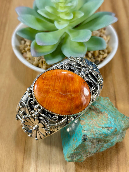 Orange Spiny Oval Sterling Cuff