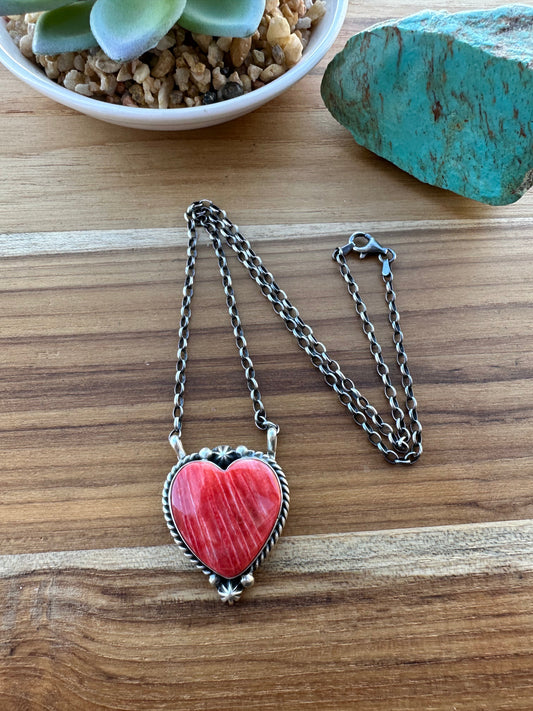 Red Spiny Heart Sterling Silver Necklace