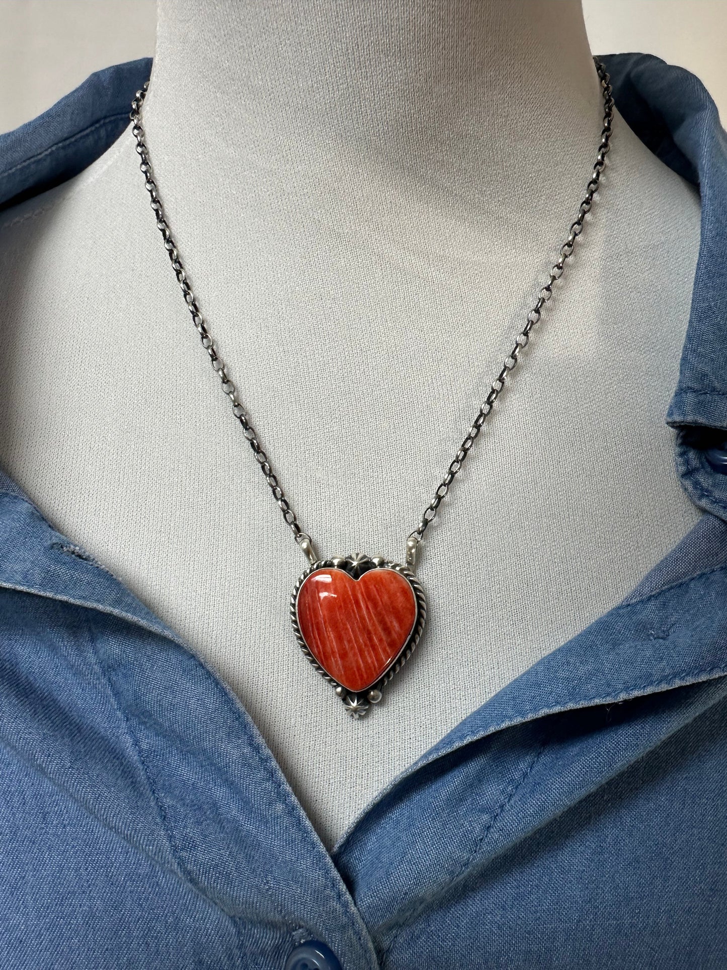Red Spiny Heart Sterling Silver Necklace