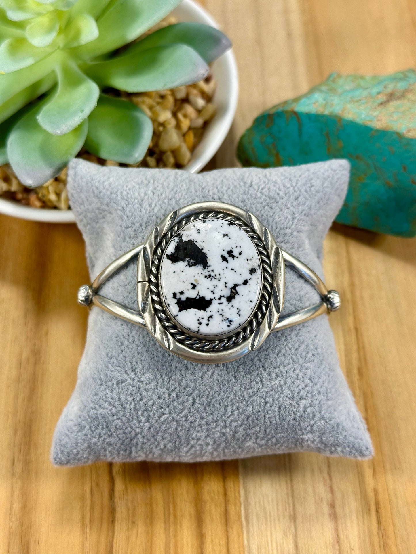 White Buffalo Oval Sterling Silver Cuff Bracelet