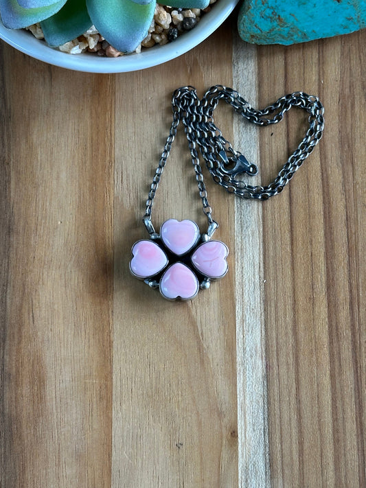 Pink Conch Hear Cluster Sterling silver Necklace
