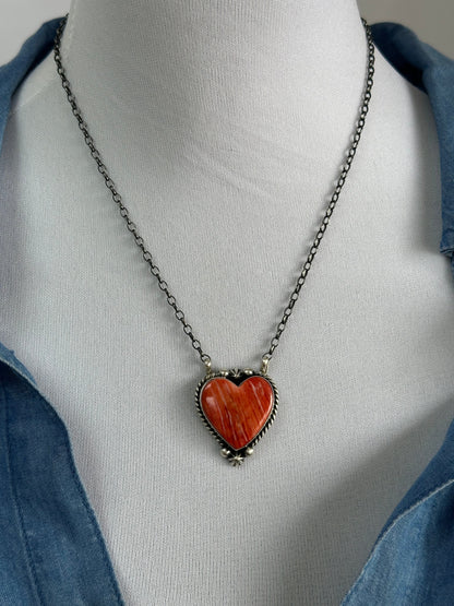 Red Spiny Hear Sterling Silver Necklace