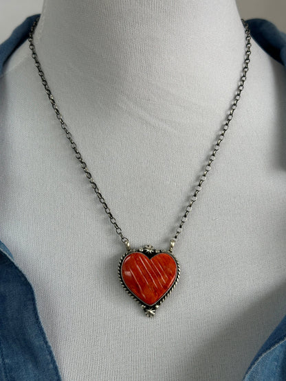 Red Spiny Hear Sterling Silver Necklace