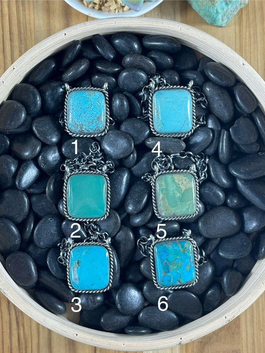 Kingman Turquoise Square Stelring Silver Necklaces