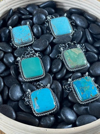 Kingman Turquoise Square Stelring Silver Necklaces