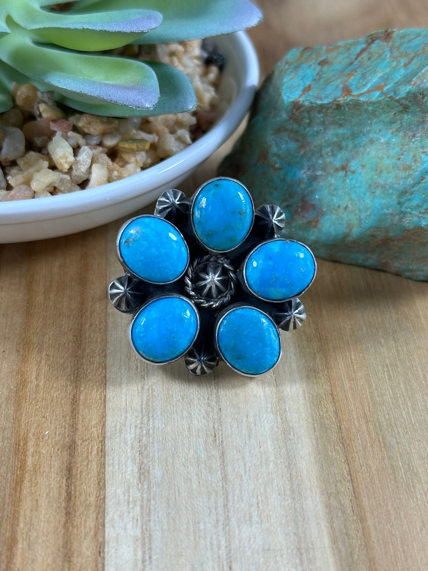 Kingman Turquoise Flower 5 Stone Ring