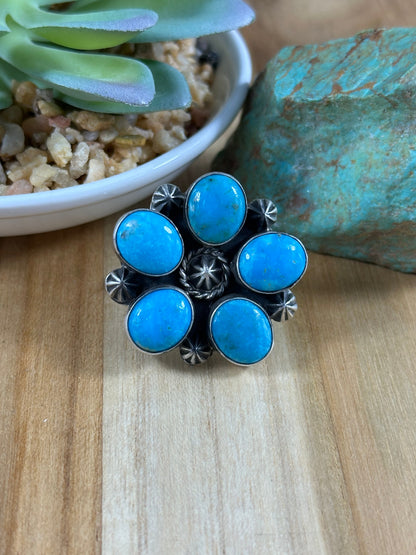 Kingman Turquoise Flower 5 Stone Ring