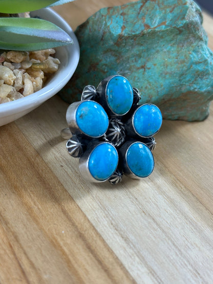 Kingman Turquoise Flower 5 Stone Ring
