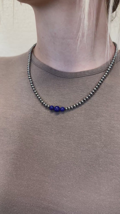 4-6-8mm Sterling Silver and Lapis Necklace