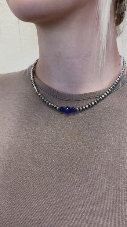 4-6-8mm Sterling Silver and Lapis Necklace