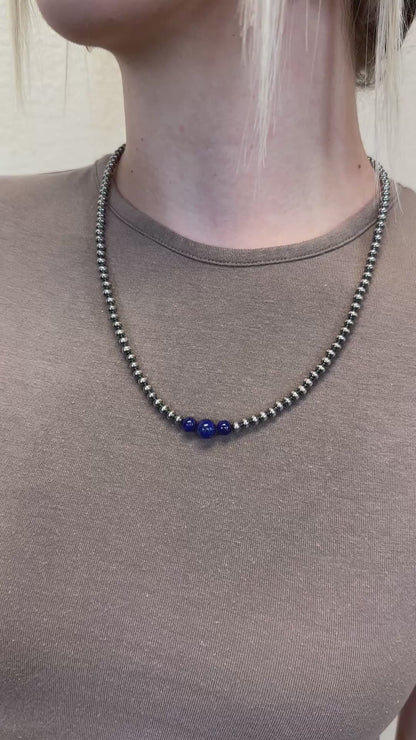 4-6-8mm Sterling Silver and Lapis Necklace