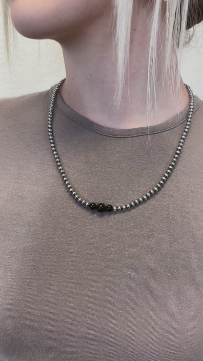 4-6-8mm Sterling Silver and Black Onyx Necklace